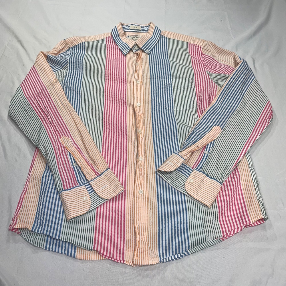 J. Crew Mens Slim Fit Seersucker Organic Cotton Striped Button Down Shirt Large - Picture 2 of 7